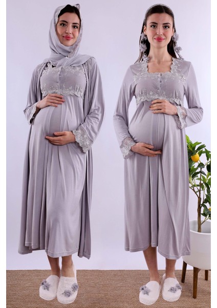 Gri Tesettürlü Sabahlıklı Hamile Lohusa Gecelik Takım BYL2T24022