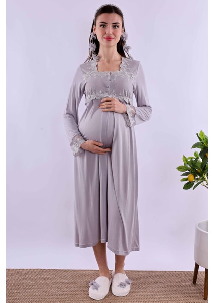 Gri Tesettürlü Sabahlıklı Hamile Lohusa Gecelik Takım BYL2T24022 fırsatları