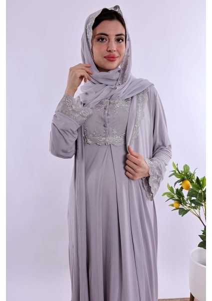 Gri Tesettürlü Sabahlıklı Hamile Lohusa Gecelik Takım BYL2T24022 indirimleri