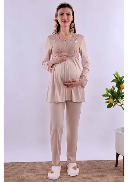 Pembe Uzun Sabahlıklı Hamile Lohusa Pijama Takımı BYL224072