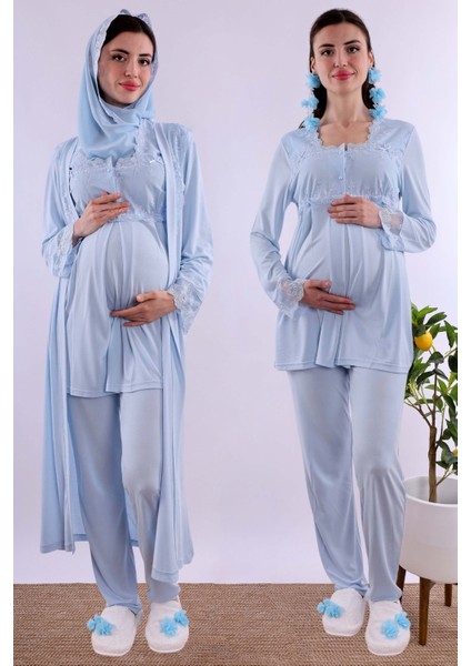 Lacivert Tesettürlü Uzun Sabahlıklı Hamile Lohusa Pijama Takımı BYL2T24072