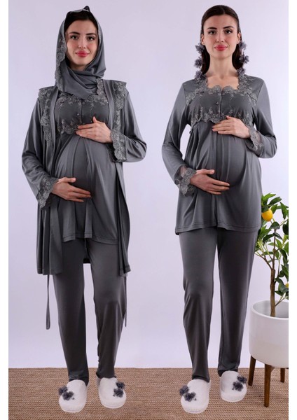 Gri Tesettürlü Sabahlıklı Hamile Lohusa Pijama Takımı BYL2T24012