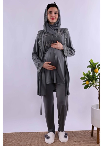 Gri Tesettürlü Sabahlıklı Hamile Lohusa Pijama Takımı BYL2T24012