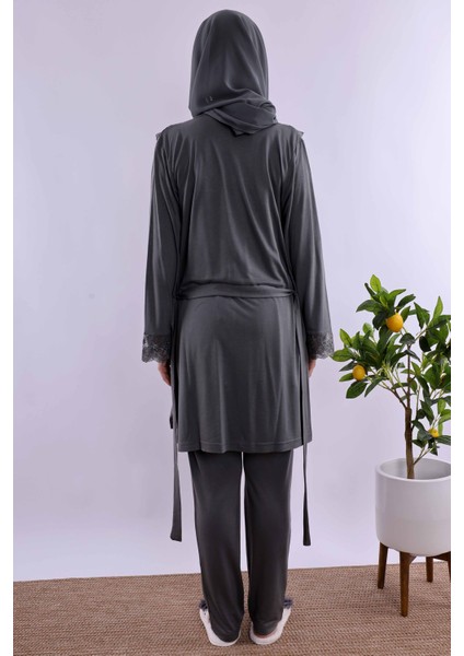 Gri Tesettürlü Sabahlıklı Hamile Lohusa Pijama Takımı BYL2T24012