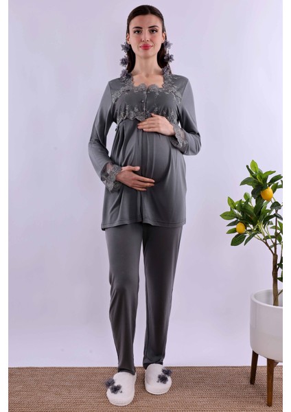 Gri Tesettürlü Sabahlıklı Hamile Lohusa Pijama Takımı BYL2T24012