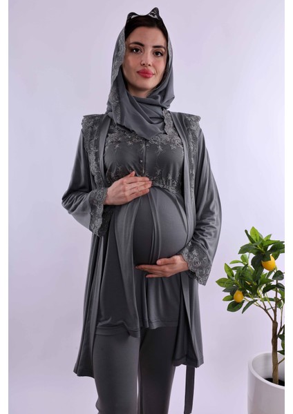 Gri Tesettürlü Sabahlıklı Hamile Lohusa Pijama Takımı BYL2T24012
