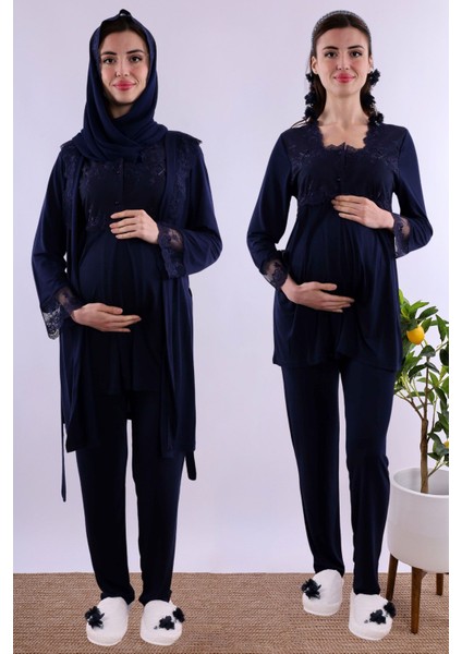 Gri Tesettürlü Sabahlıklı Hamile Lohusa Pijama Takımı BYL2T24012