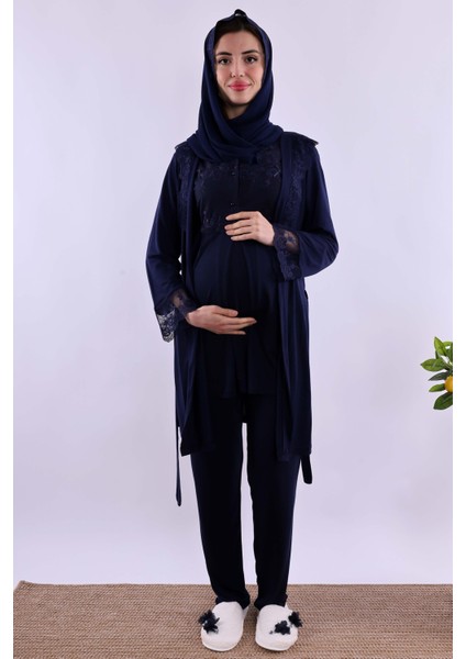 Gri Tesettürlü Sabahlıklı Hamile Lohusa Pijama Takımı BYL2T24012 fiyatları