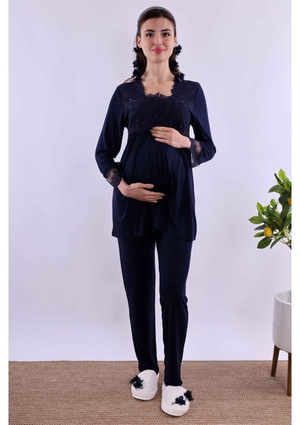 Gri Tesettürlü Sabahlıklı Hamile Lohusa Pijama Takımı BYL2T24012 fırsatları