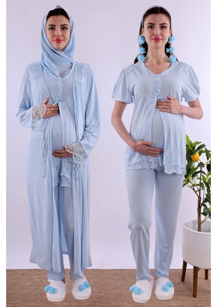 Lacivert Tesettürlü Sabahlıklı Hamile Lohusa Pijama Takımı BYL2T80242