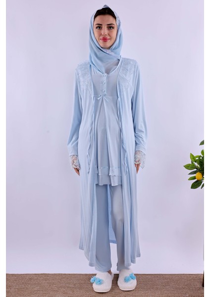 Lacivert Tesettürlü Sabahlıklı Hamile Lohusa Pijama Takımı BYL2T80242 fiyatları