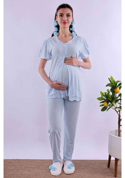 Lacivert Tesettürlü Sabahlıklı Hamile Lohusa Pijama Takımı BYL2T80242 fırsatları