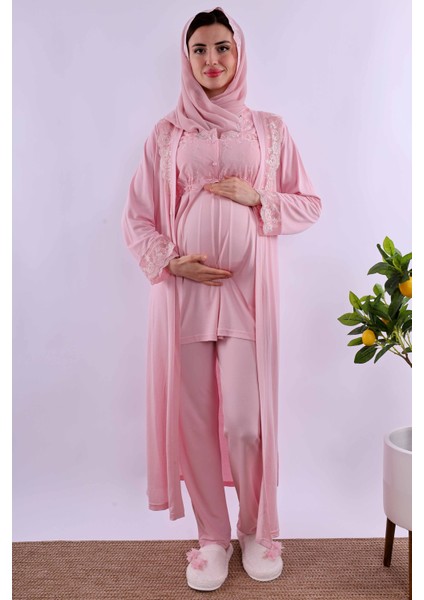 Lacivert Tesettürlü Uzun Sabahlıklı Hamile Lohusa Pijama Takımı BYL2T24072 fiyatları