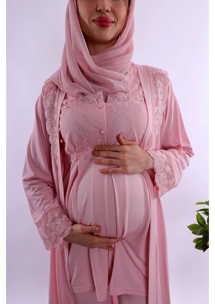 Lacivert Tesettürlü Uzun Sabahlıklı Hamile Lohusa Pijama Takımı BYL2T24072 indirimleri