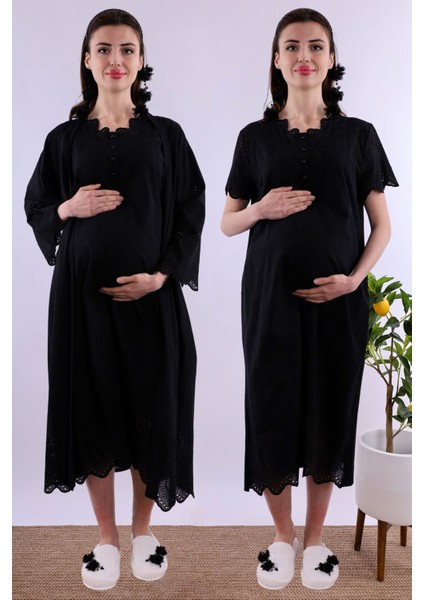 Siyah Fistolu Sabahlıklı Hamile Lohusa Gecelik Takım BYL290202