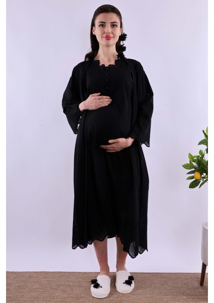 Siyah Fistolu Sabahlıklı Hamile Lohusa Gecelik Takım BYL290202 fiyatları