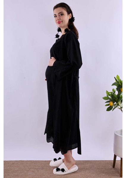 Siyah Fistolu Sabahlıklı Hamile Lohusa Gecelik Takım BYL290202 indirimleri