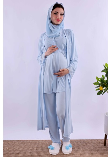 Lacivert Tesettürlü Uzun Sabahlıklı Hamile Lohusa Pijama Takımı BYL2T24072 fiyatları
