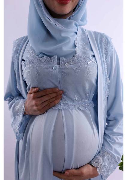 Lacivert Tesettürlü Uzun Sabahlıklı Hamile Lohusa Pijama Takımı BYL2T24072 indirimleri