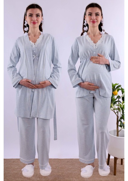 Mavi Sabahlıklı Hamile Lohusa Pijama Takımı BYL230542