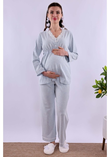 Mavi Sabahlıklı Hamile Lohusa Pijama Takımı BYL230542