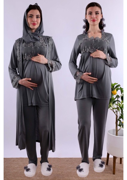 Lacivert Tesettürlü Uzun Sabahlıklı Hamile Lohusa Pijama Takımı BYL2T24072