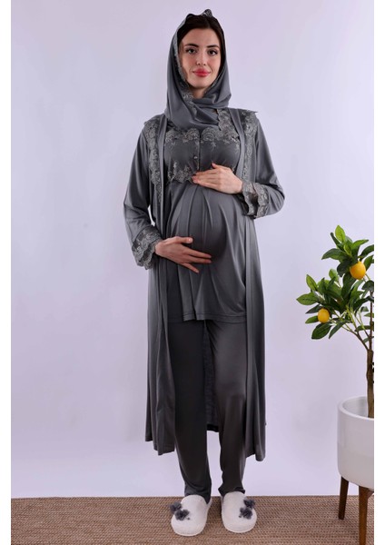 Lacivert Tesettürlü Uzun Sabahlıklı Hamile Lohusa Pijama Takımı BYL2T24072 fiyatları