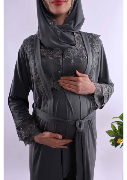 Lacivert Tesettürlü Uzun Sabahlıklı Hamile Lohusa Pijama Takımı BYL2T24072 fırsatları