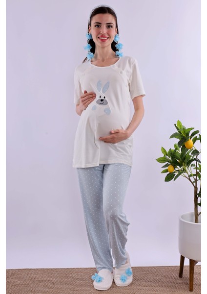 Mavi Sabahlıklı Hamile Lohusa Pijama Takımı BYL220702