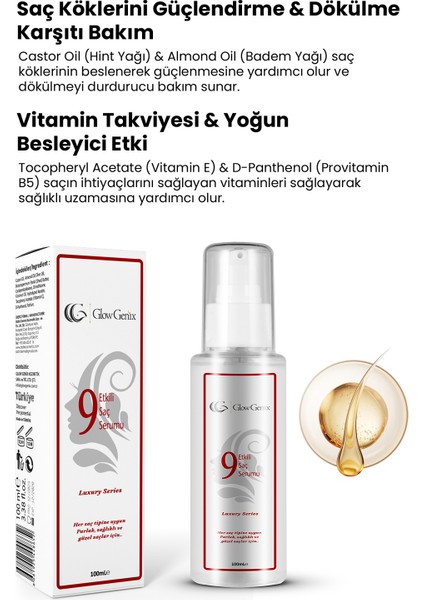 GlowGenix 9 Etkili Saç Serumu | Besleyici, Onarıcı, Yumuşatıcı, Elektriklenme Karşıtı | 100 Ml