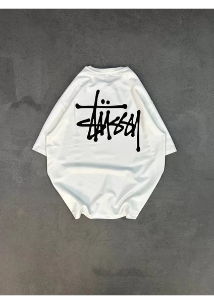 Unisex Bisiklet Yaka Baskılı Oversize T-Shirt - Beyaz