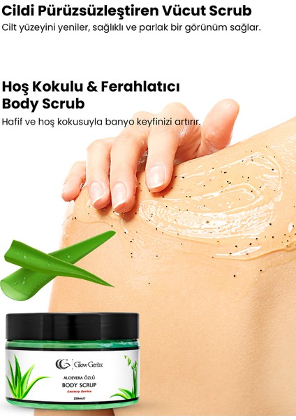 GlowGenix Aloe Vera Özlü Body Scrub | Alovera Özlü Nemlendirici, Besleyici, Arındırıcı Vücut Peelingi | 250 Ml modelleri