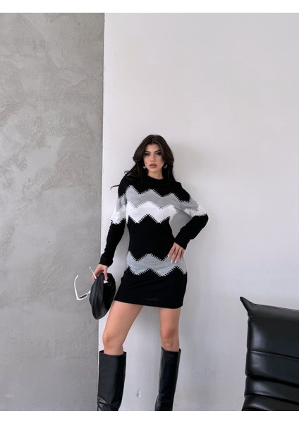 Kadın Uzun Kollu Zigzag Desen Triko Elbise