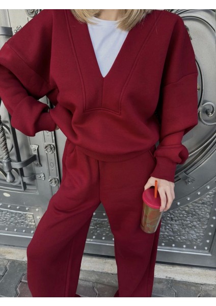 Geniş V Yaka Üç Iplik Sweat Takım - Bordo