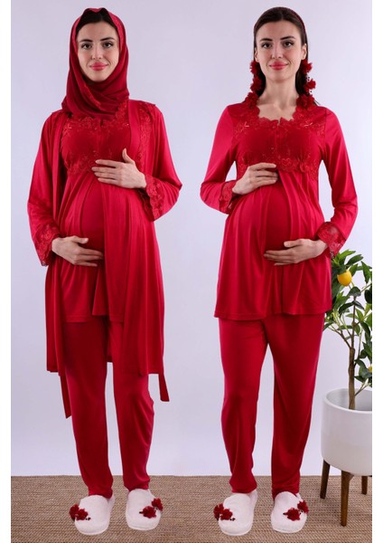 Gri Tesettürlü Sabahlıklı Hamile Lohusa Pijama Takımı BYL2T24012