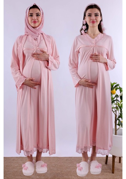 Pembe Tesettürlü Sabahlıklı Hamile Lohusa Gecelik Takım BYL2T40352