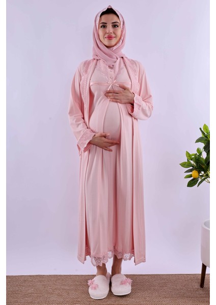 Pembe Tesettürlü Sabahlıklı Hamile Lohusa Gecelik Takım BYL2T40352 fiyatları