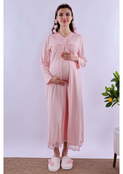 Pembe Tesettürlü Sabahlıklı Hamile Lohusa Gecelik Takım BYL2T40352 fırsatları