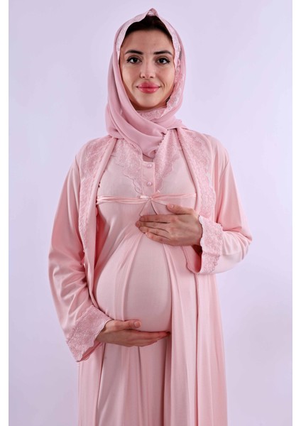Pembe Tesettürlü Sabahlıklı Hamile Lohusa Gecelik Takım BYL2T40352 indirimleri