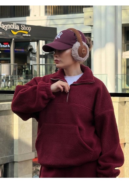 Kalın Polar Yakalı Fermuarlı Sweat Pantolonlu Takım - Bordo