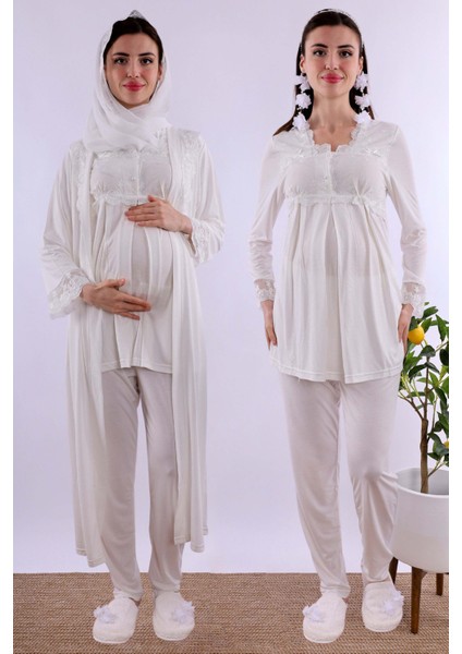 Lacivert Tesettürlü Uzun Sabahlıklı Hamile Lohusa Pijama Takımı BYL2T24072