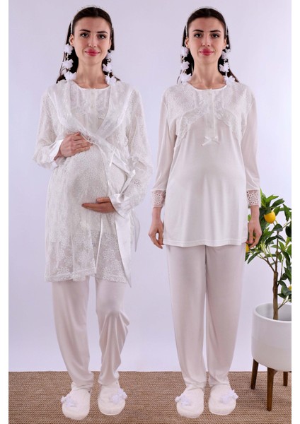 Ekru Dantelli Sabahlık Pijama Takımı BYL211302