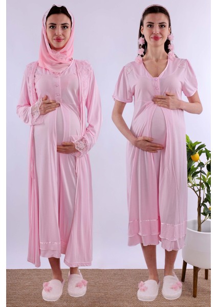 Pembe Tesettürlü Sabahlıklı Hamile Lohusa Gecelik Takım BYL2T80252