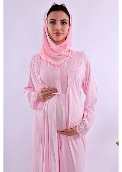 Pembe Tesettürlü Sabahlıklı Hamile Lohusa Gecelik Takım BYL2T80252 indirimleri