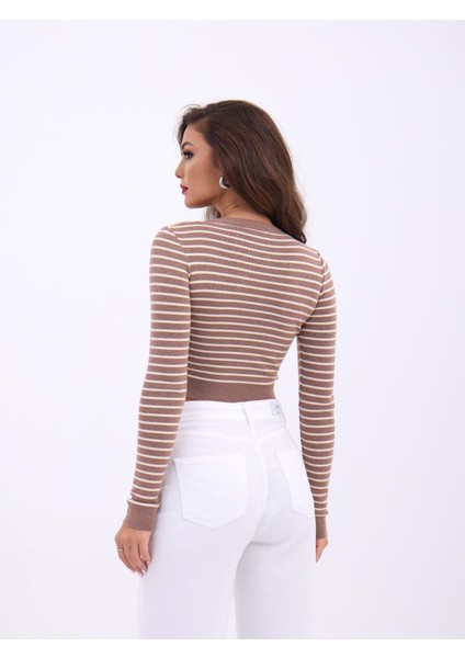 42211 Triko Çizgili Crop-Vizon-Krem