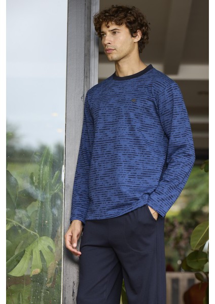 9130 Büyük Beden Erkek Bisiklet Yaka Uzun Kollu Pijama Takım