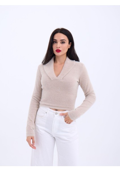42531 Triko Simli Yakalı Crop-Taş