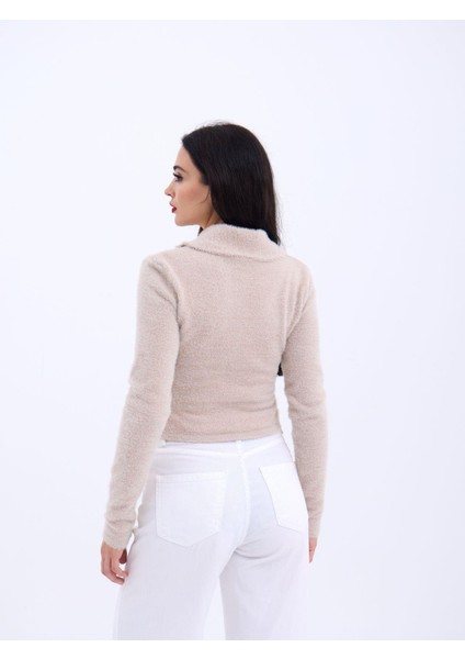 42531 Triko Simli Yakalı Crop-Taş