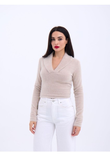 42531 Triko Simli Yakalı Crop-Taş