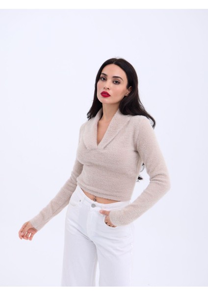 42531 Triko Simli Yakalı Crop-Taş